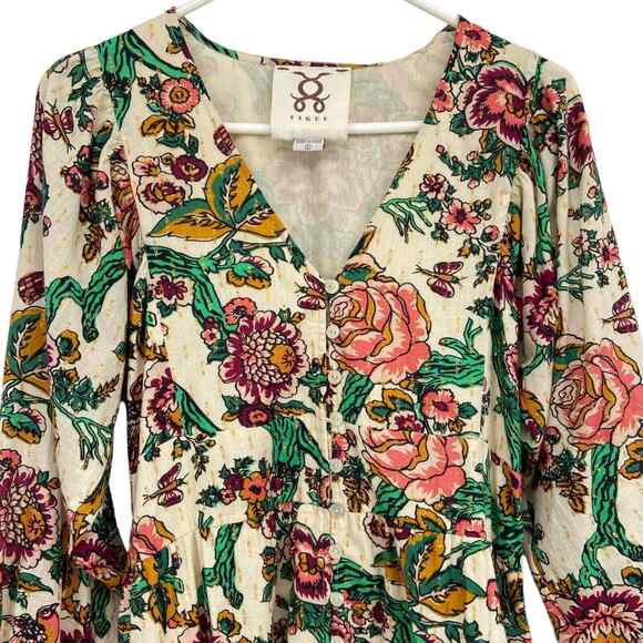 Figue Malina Belted Metallic Birds Floral Paradise Printed Midi Dress $625 Small - Picture 3 of 11